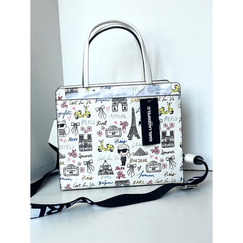 Karl Lagerfeld Maybelle Satchel Ikons Paris Print White Crossbody Bag - Picture 2 of 12